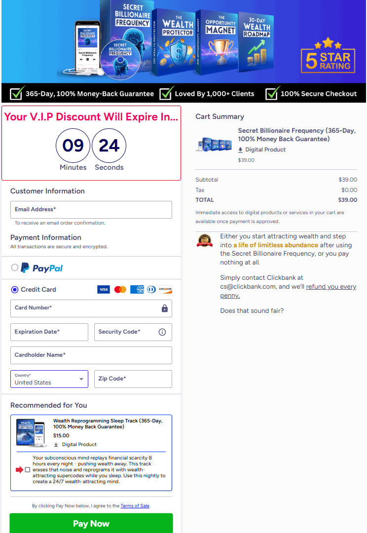 Secret Billionaire Frequency checkout page 